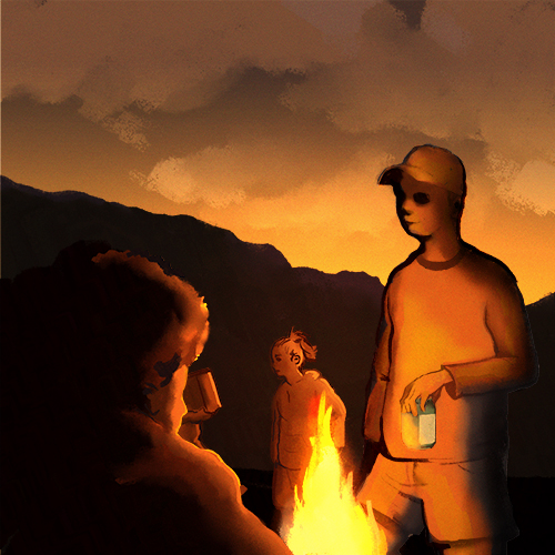 Illustration of teenagers with beers around bonfire