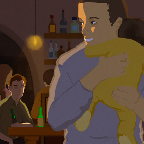 Illustration of man in a bar with child