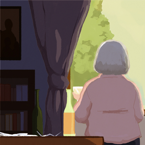 Illustration of older woman looking out window with a bottle of alcohol on table