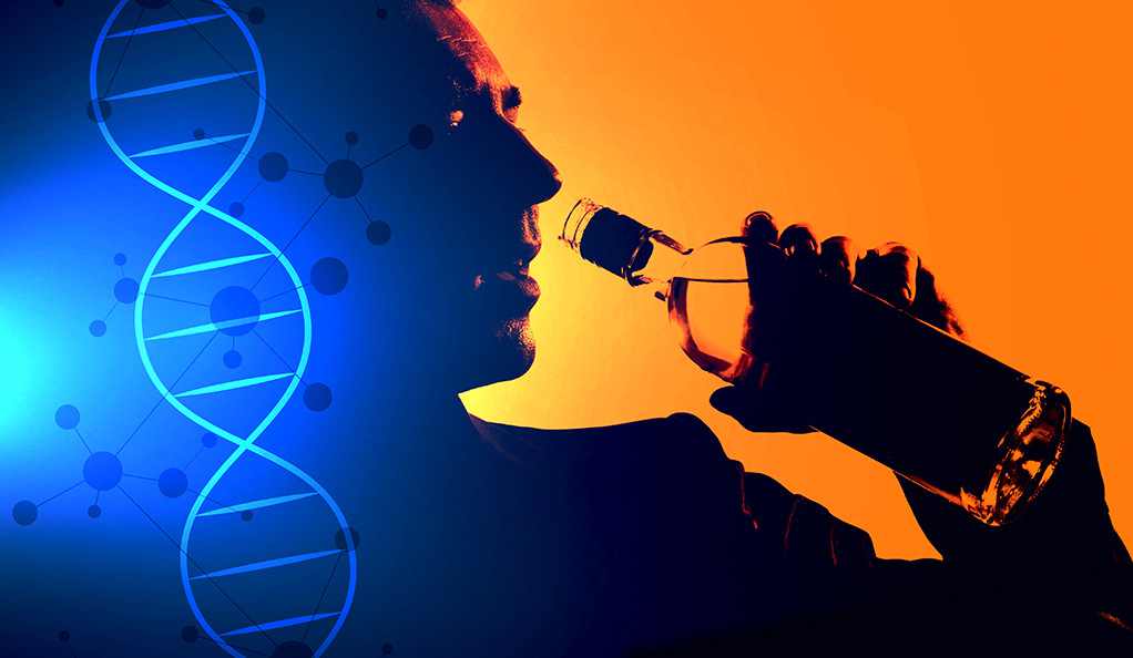 man drinking alcohol bottle next to DNA strand
